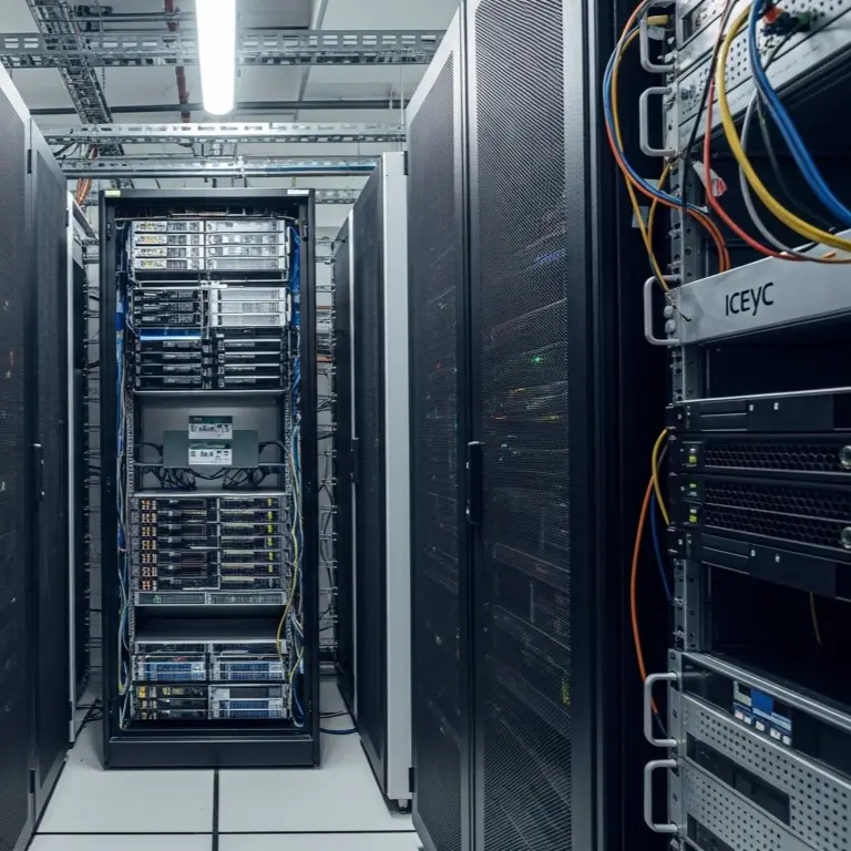 Centro de datos con racks de servidores.