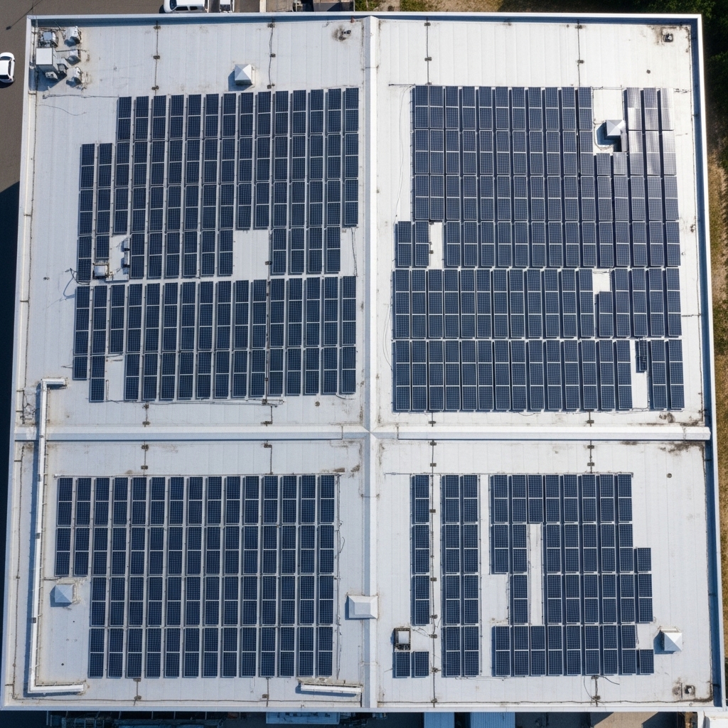 Paneles solares instalados en un techo industrial.