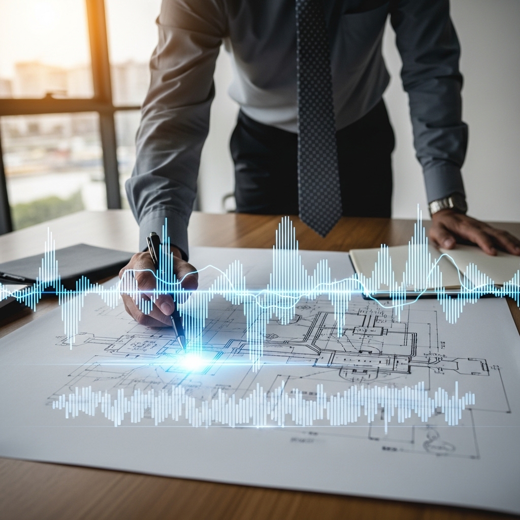 Ingeniero planeando sobre un blueprint con gráficos de datos superpuestos.